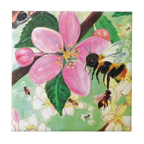 Blossoming Tree with Bees Illustration Ceramic Tile