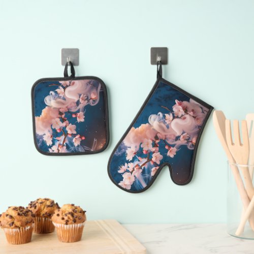 Blossoming Tree with Steam Oven Mitt  Pot Holder Set