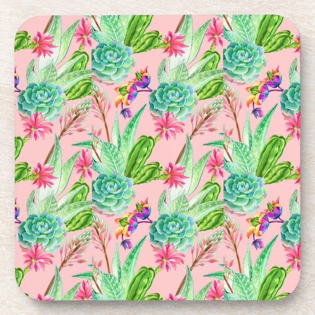 Blossoming Watercolor Succulents Pattern Beverage Coaster (Front)