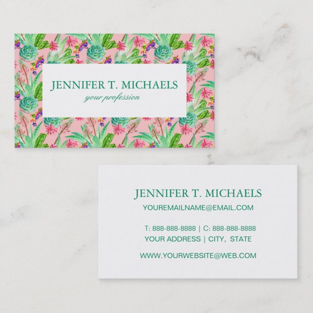 Blossoming Watercolor Succulents Pattern Business Card (Front/Back)