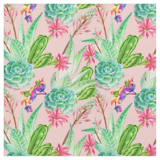 Blossoming Watercolor Succulents Pattern Fabric