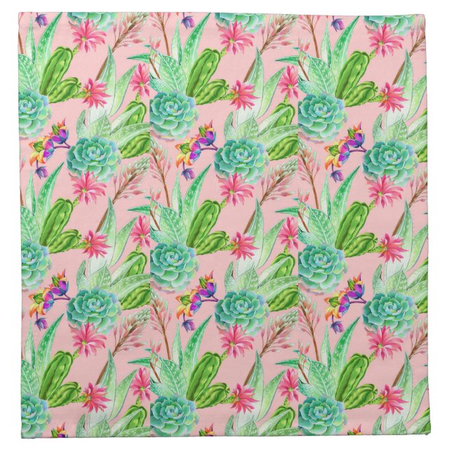 Blossoming Watercolor Succulents Pattern Napkin (Front)