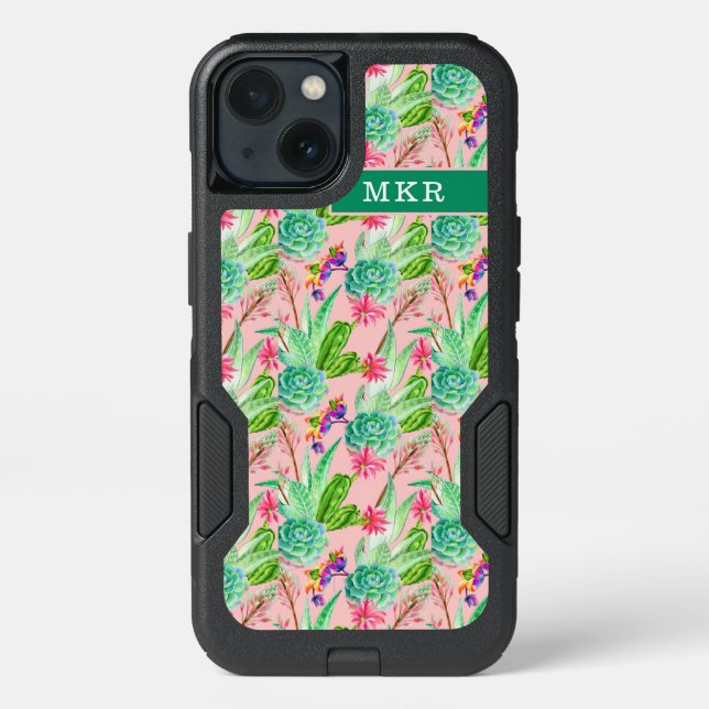 Blossoming Watercolor Succulents Pattern Otterbox iPhone Case (Back)