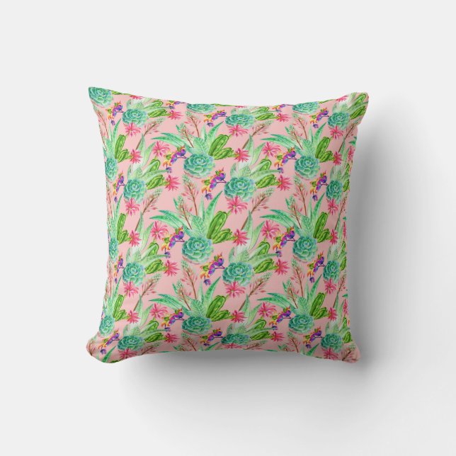 Blossoming Watercolor Succulents Pattern Throw Pillow (Front)