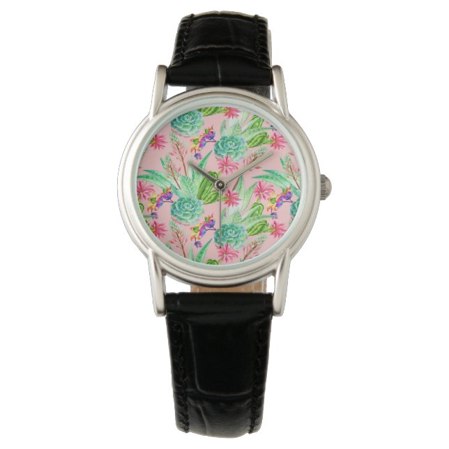Blossoming Watercolor Succulents Pattern Watch (Front)