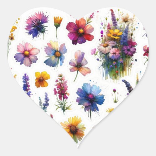 Blossoming Wildflowers Watercolor Heart Sticker