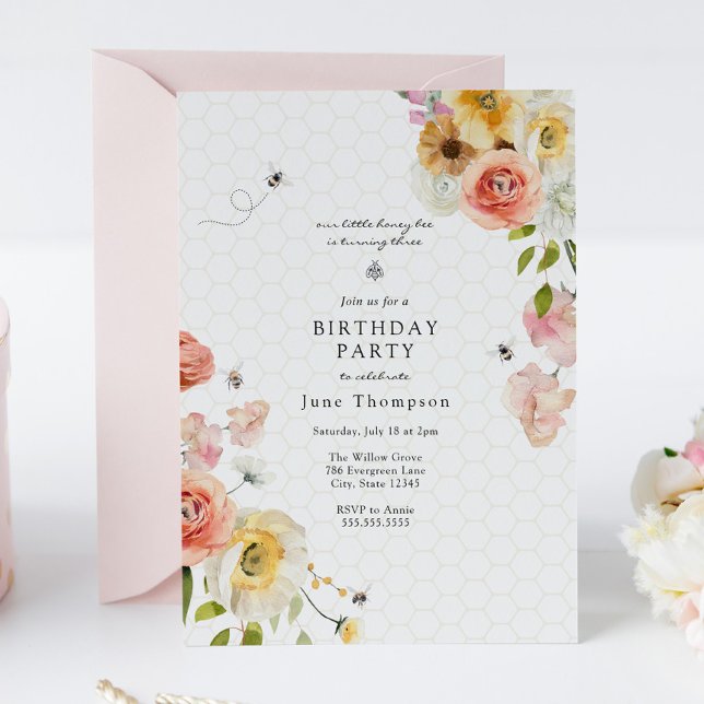 Blossoms and Honey Bee Birthday Girl Invitation (Creator Uploaded)