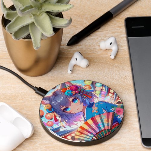 Blossoms and Lanterns Anime Catgirl Festival Wireless Charger