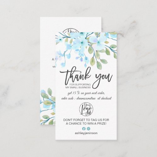 Blossoms blue floral logo order thank you business card