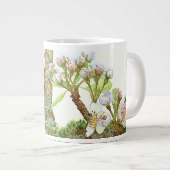 Blossoms flowering on a branch, white floral giant coffee mug (Front Right)