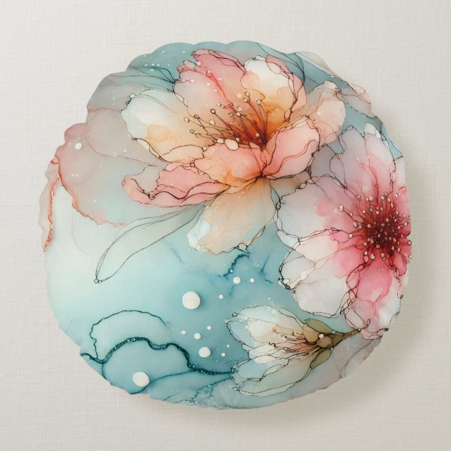 Blossoms in Bloom: An Abstract Alcohol Ink design  Round Pillow (Front)