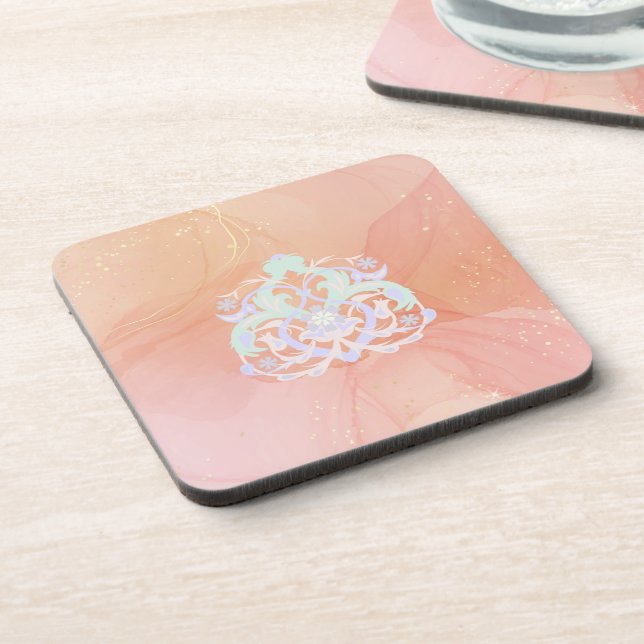 Blossoms of the Heart – Blue & Peach Art Beverage Coaster (Left Side)