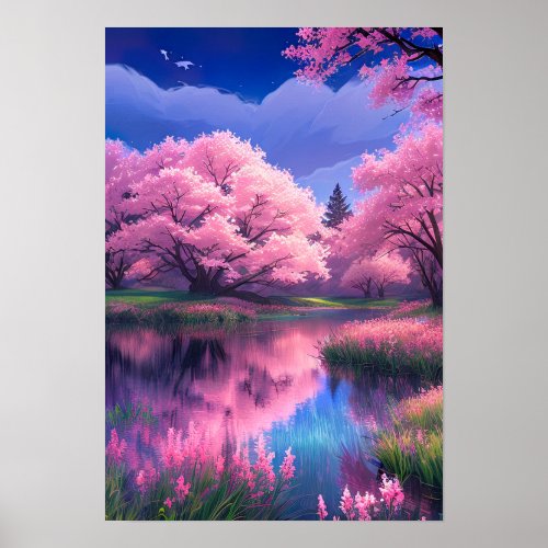 Blossoms on Blue Sakura Trees by the River Poster