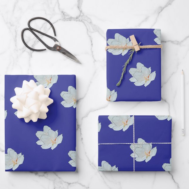  Blossoms On Deep Blue    Wrapping Paper Sheets (Front)