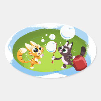 BLOWING BUBBLES CATS by Jeff Willis Oval Sticker