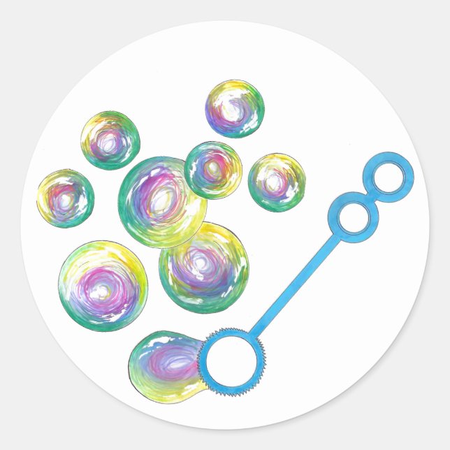 Blowing Rainbow Soap Bubbles Bubble Wand Blue Classic Round Sticker (Front)
