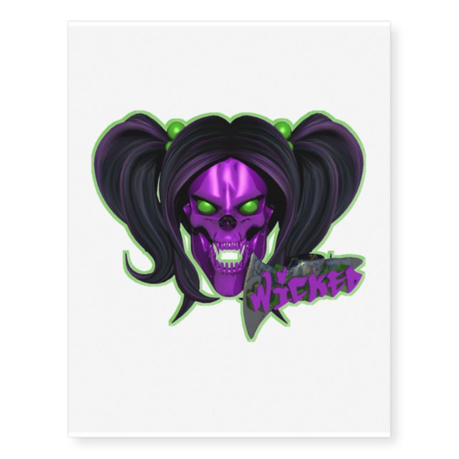 Blox3dnyc.com Wicked lady design.Green/Purple Temporary Tattoos (Front)