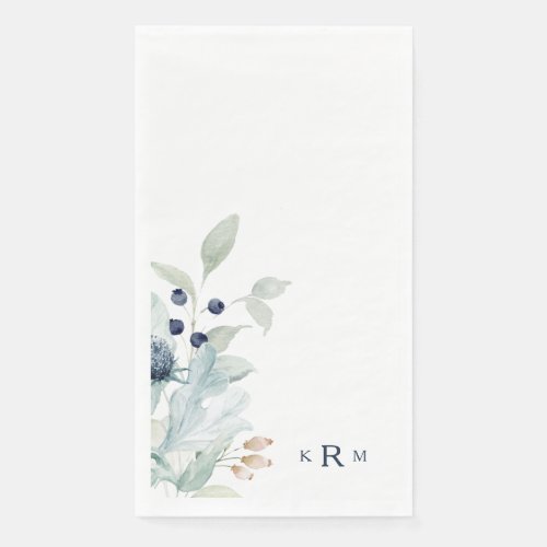 Blu Watercolor Foliage Monogram Paper Guest Towels