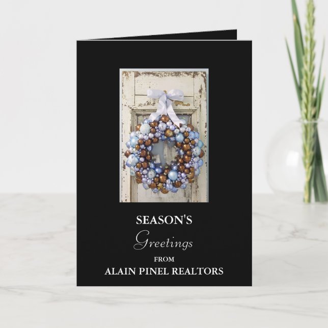Blub wreath, SEASON'S, Greetings, FROM, ALAIN P... Holiday Card (Front)