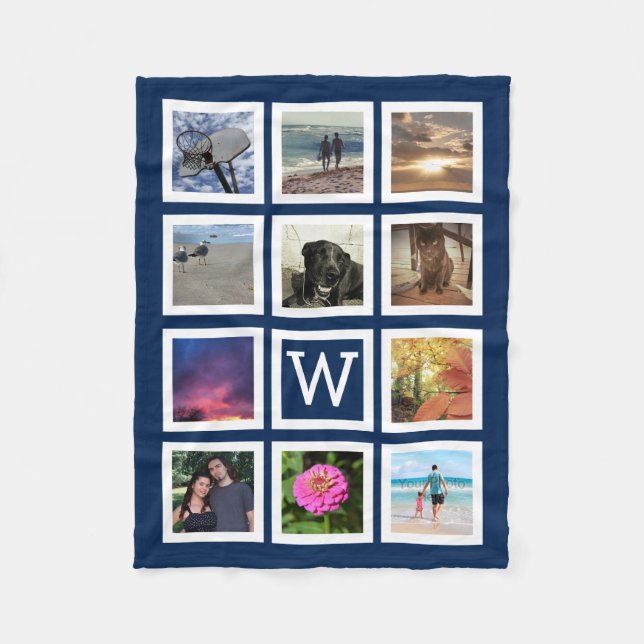 Blue 11 Photo Collage Mosaic Square Frame Monogram Fleece Blanket (Front)
