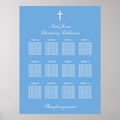 Blue 12 Table Christening Seating Chart Poster