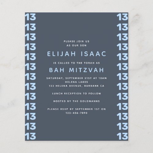 Blue 13 Bah Mitzvah Budget Invitation