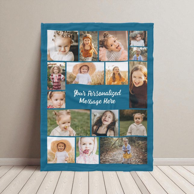Blue 16 Photo Collage Modern Personalized Custom  Fleece Blanket (Creator Uploaded)