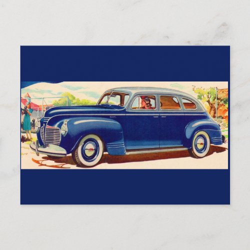blue 1941 Plymouth Postcard