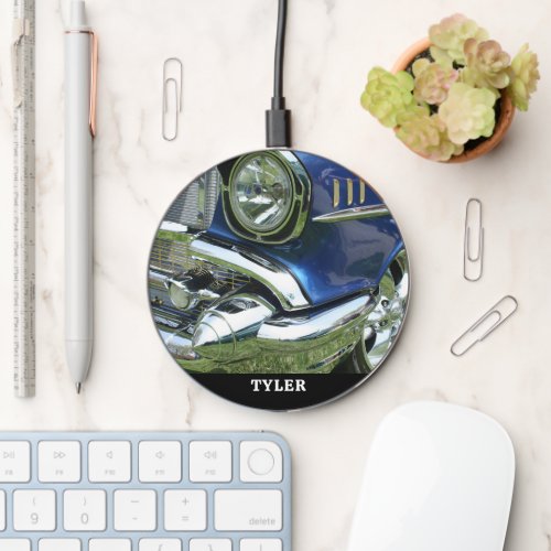Blue 1957 Chevy Vintage Car Name or Your Photo Wireless Charger