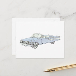Blue 1960 Chevy Impala Convertible Pencil Drawing Postcard