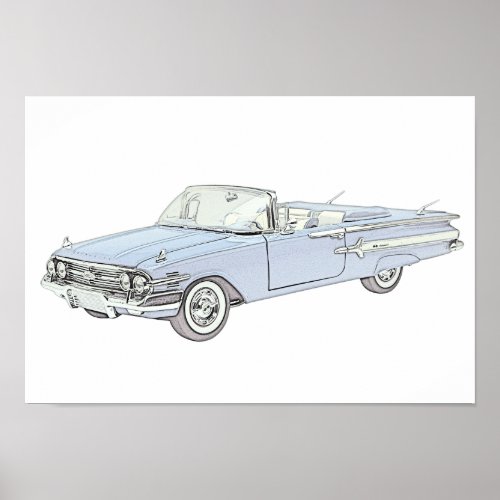 Blue 1960 Chevy Impala Convertible Pencil Drawing Poster