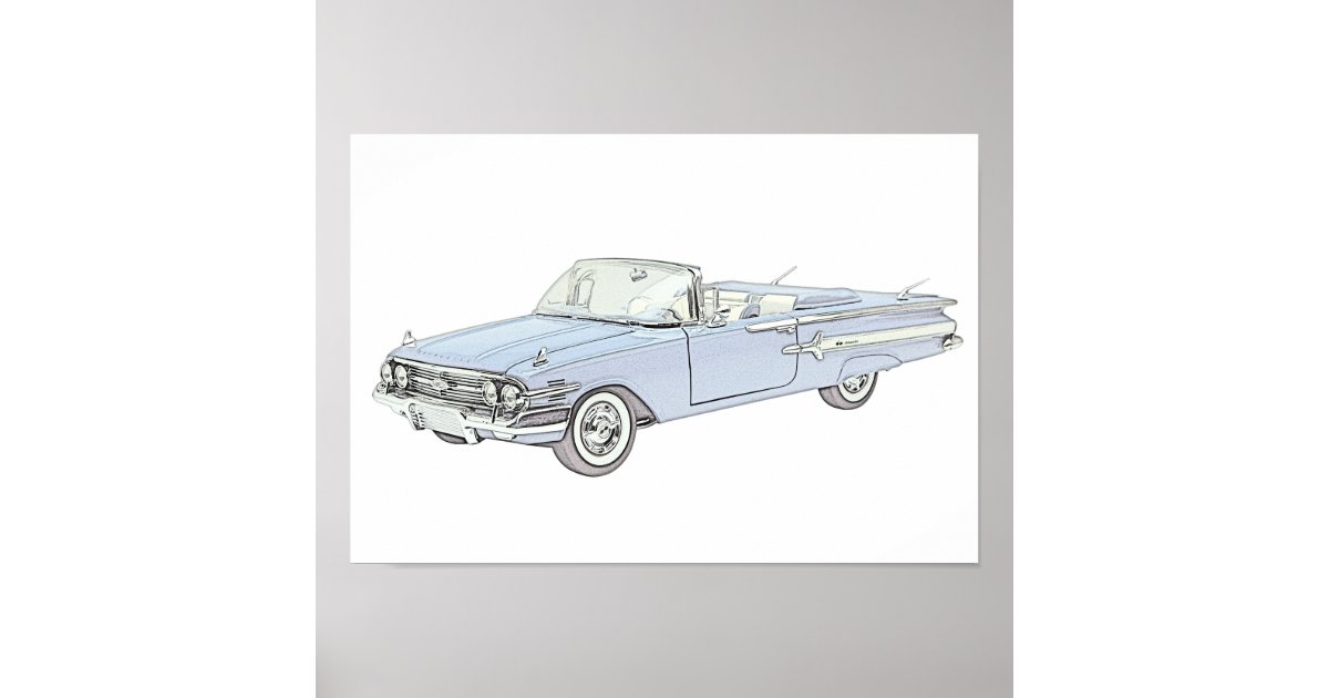 Blue 1960 Chevy Impala Convertible Pencil Drawing Poster Zazzle Com