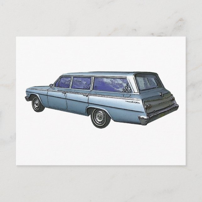 Blue 1962 Chevrolet station wagon. Postcard (Front)