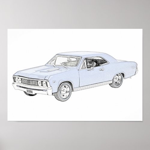 Blue 1967 Chevy Chevelle Pencil Style Drawing Poster