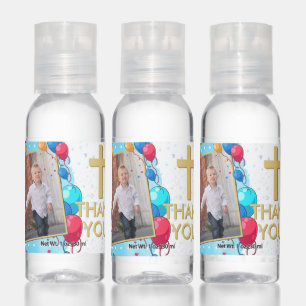 Blue 1st Birthday Baptism Gold Photo Boy Thanks Hand Sanitizer