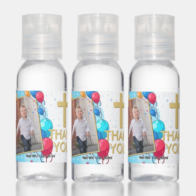 Blue 1st Birthday Baptism Gold Photo Boy Thanks Hand Sanitizer (Set)