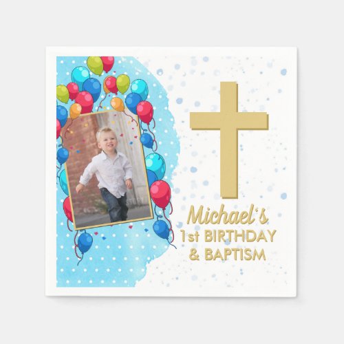 Blue 1st Birthday Baptism Gold Text Photo Cross Napkins