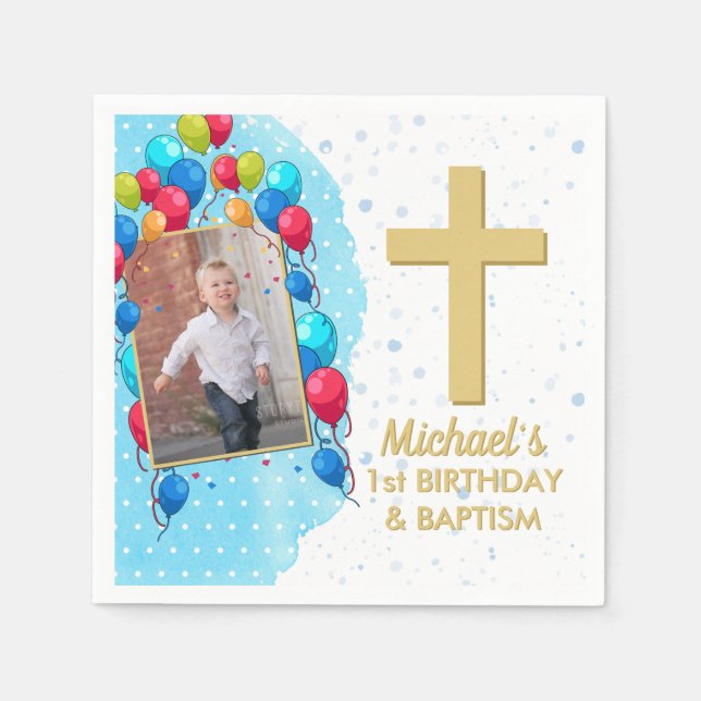 Blue 1st Birthday Baptism Gold Text Photo Cross Napkins (Front)