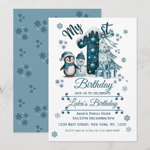 Blue 1st Birthday Christmas Invitation