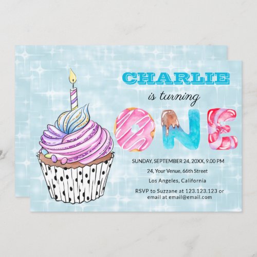 Blue 1st birthday Cute Cup Cake Invitation