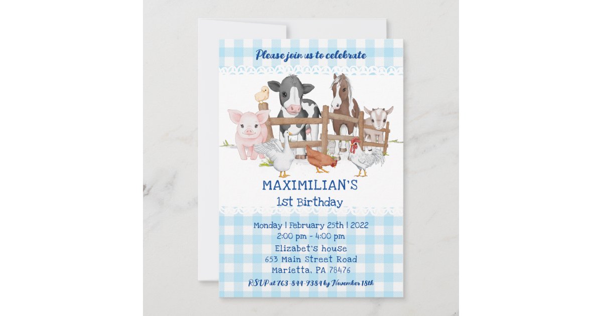 Blue 1st Birthday Farm Animals Barnyard Fun Kids Invitation | Zazzle