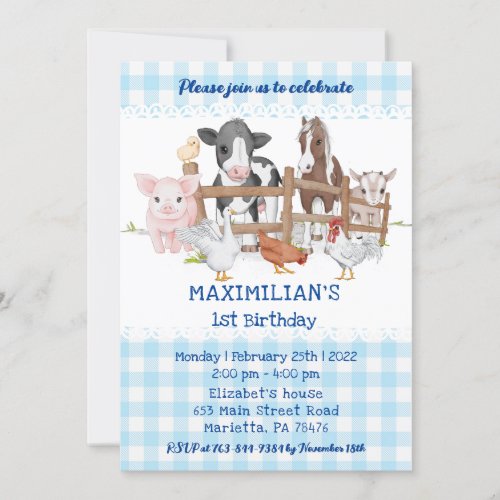  Blue 1st Birthday Farm Animals Barnyard Fun Kids Invitation