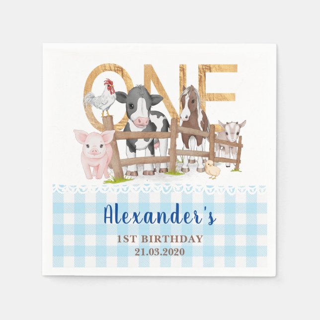 Blue 1st Birthday Farm Animals Barnyard Kids Napkins (Front)