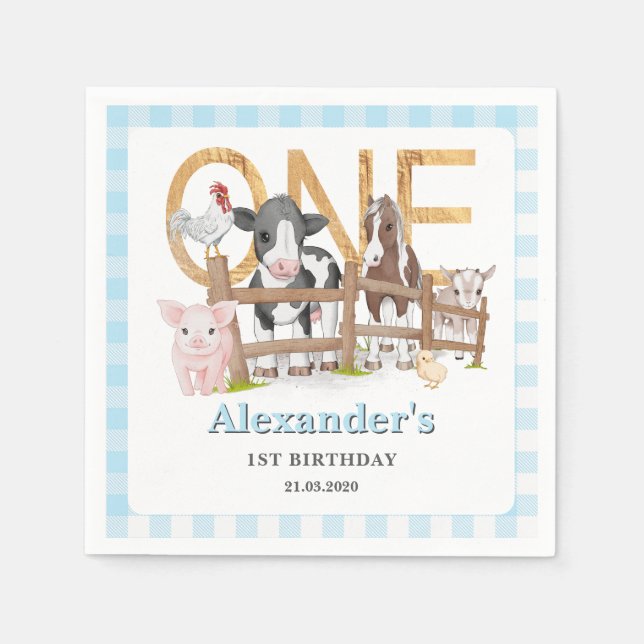 Blue 1st Birthday Farm Animals Barnyard Kids Napkins (Front)