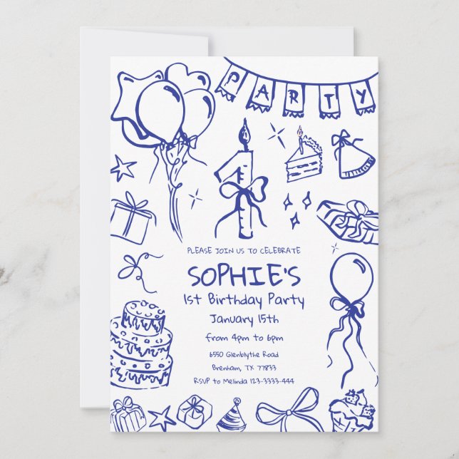  Blue 1st Birthday Invitation, Hand Drawn Birthday Invitation (Front)