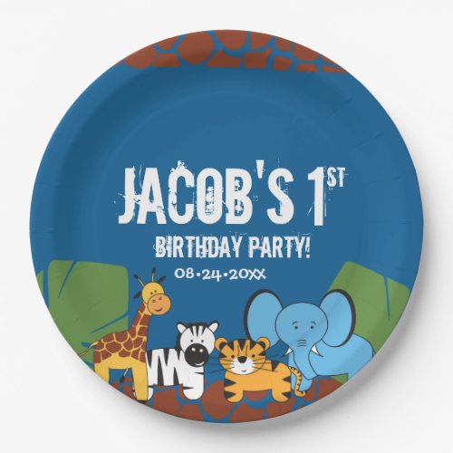 Blue 1st Birthday Jungle Safari  theme Paper Plates