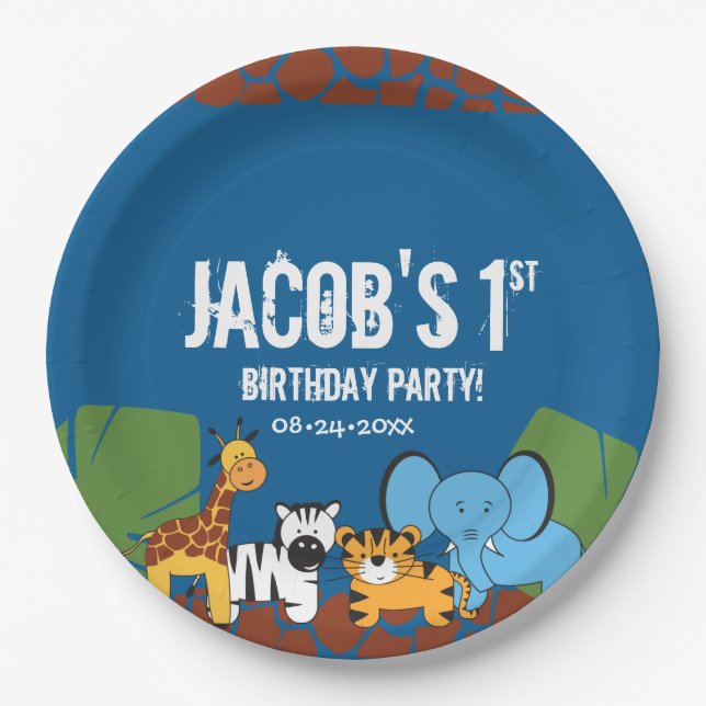 Blue 1st Birthday Jungle Safari  theme Paper Plates (Front)