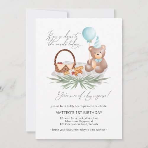 Blue 1st Birthday Teddy Bear Picnic Balloon Invitation