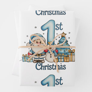 Blue 1st Christmas Santa Snowman Xmas Baby Boy Wrapping Paper Sheets