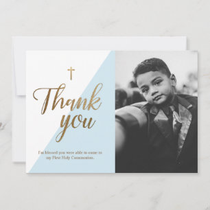 Blue 1st Communion Thank You Black and white Photo Card